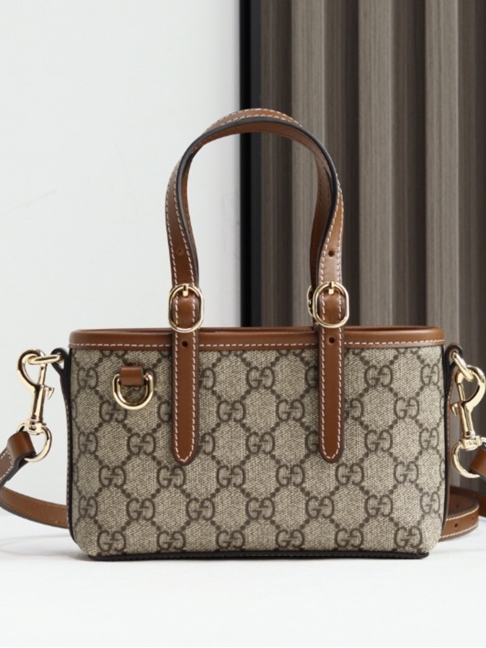 Gucci Beige GG Canvas Top-Handle Crossbody Bag with Brown Leather Trim